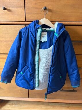 Mini Boden Royal Blue Hooded Puffer Jacket with Sherpa Lining